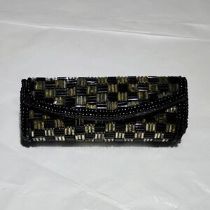 Vtg Black and Gold Beaded Lipstick Case W/ Mirror
